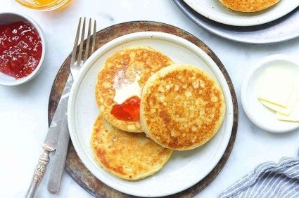 A plate of sourdough crumpets.